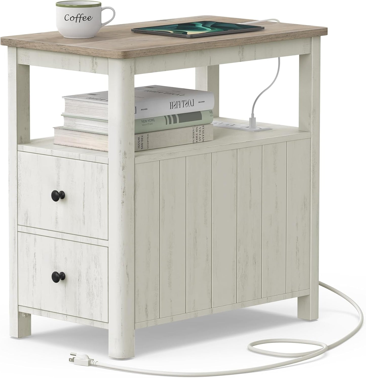 Side Table with Charging Station, Narrow Nightstand with 2 Drawers, Storage Shelves and Magazine Holder Vintage White and Heather Greige LET322W73 - with | Sold by Uncle Wiener's Wholesale
