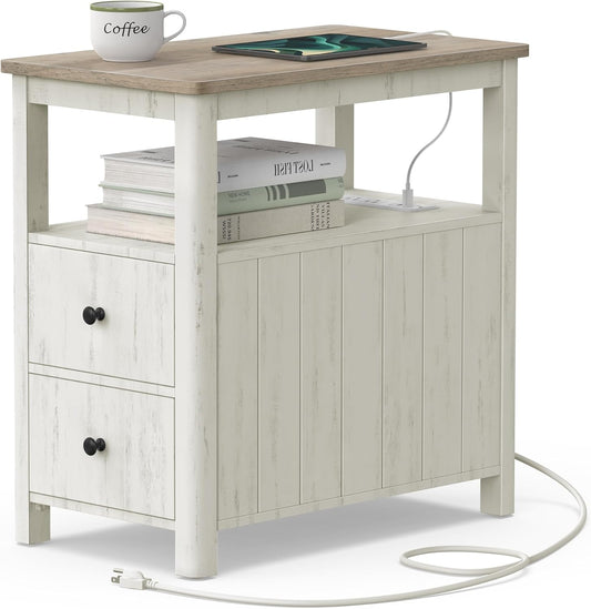 Side Table with Charging Station, Narrow Nightstand with 2 Drawers, Storage Shelves and Magazine Holder Vintage White and Heather Greige LET322W73 - with | Sold by Uncle Wiener's Wholesale