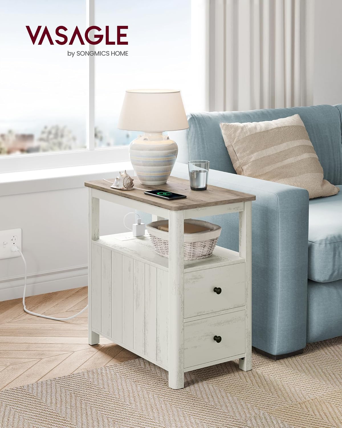 Side Table with Charging Station, Narrow Nightstand with 2 Drawers, Storage Shelves and Magazine Holder Vintage White and Heather Greige LET322W73 - with | Sold by Uncle Wiener's Wholesale