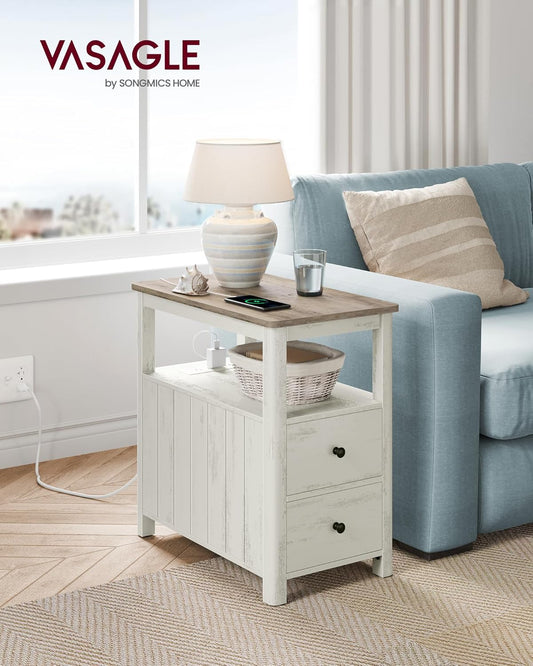 Side Table with Charging Station, Narrow Nightstand with 2 Drawers, Storage Shelves and Magazine Holder Vintage White and Heather Greige LET322W73 - with | Sold by Uncle Wiener's Wholesale