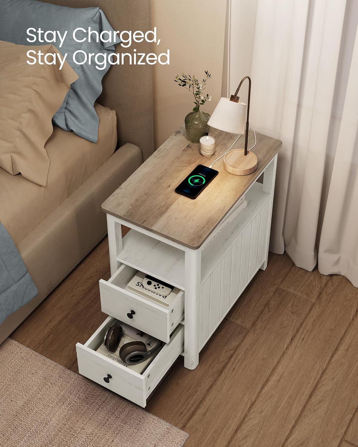 Side Table with Charging Station, Narrow Nightstand with 2 Drawers, Storage Shelves and Magazine Holder Vintage White and Heather Greige LET322W73 - with | Sold by Uncle Wiener's Wholesale