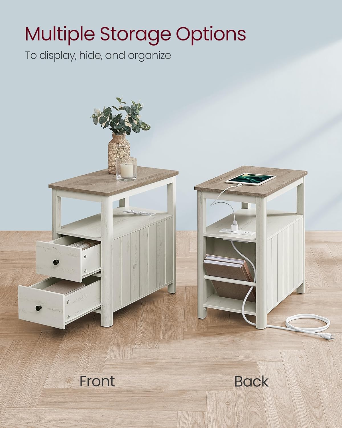 Side Table with Charging Station, Narrow Nightstand with 2 Drawers, Storage Shelves and Magazine Holder Vintage White and Heather Greige LET322W73 - with | Sold by Uncle Wiener's Wholesale