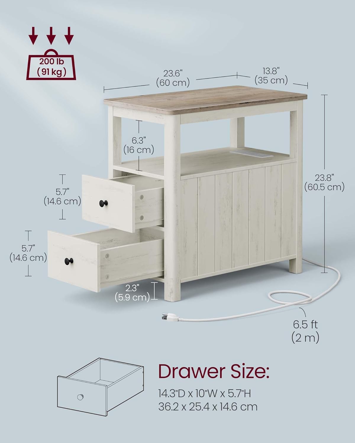 Side Table with Charging Station, Narrow Nightstand with 2 Drawers, Storage Shelves and Magazine Holder Vintage White and Heather Greige LET322W73 - with | Sold by Uncle Wiener's Wholesale