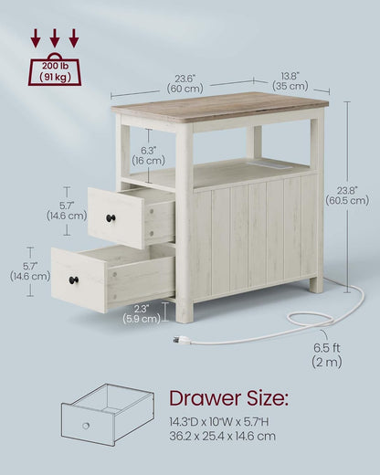 Side Table with Charging Station, Narrow Nightstand with 2 Drawers, Storage Shelves and Magazine Holder Vintage White and Heather Greige LET322W73 - with | Sold by Uncle Wiener's Wholesale