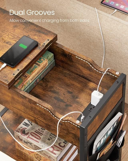Side Table with USB Ports and Power Outlets, Flip Top End Table with Charging Station and Storage LET310B0 - with Heather Greige and Ink Black | Sold by Uncle Wiener's Wholesale