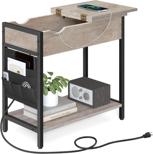 Side Table with USB Ports and Power Outlets, Flip Top End Table with Charging Station and Storage LET310B0 - with Heather Greige and Ink Black | Sold by Uncle Wiener's Wholesale
