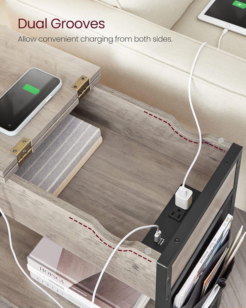 Side Table with USB Ports and Power Outlets, Flip Top End Table with Charging Station and Storage LET310B0 - with Heather Greige and Ink Black | Sold by Uncle Wiener's Wholesale