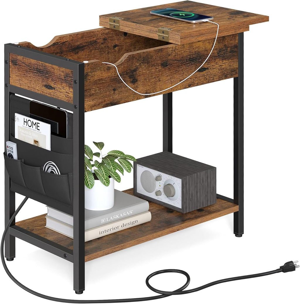 Side Table with USB Ports and Power Outlets, Flip Top End Table with Charging Station and Storage LET310B0 - with Rustic Brown and Ink Black | Sold by Uncle Wiener's Wholesale