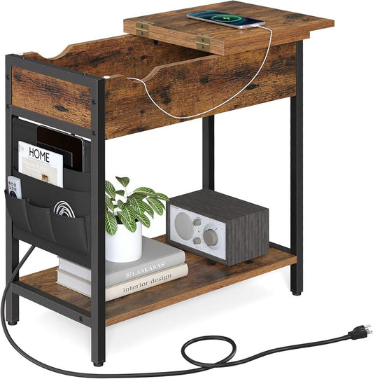Side Table with USB Ports and Power Outlets, Flip Top End Table with Charging Station and Storage LET310B0 - with Rustic Brown and Ink Black | Sold by Uncle Wiener's Wholesale