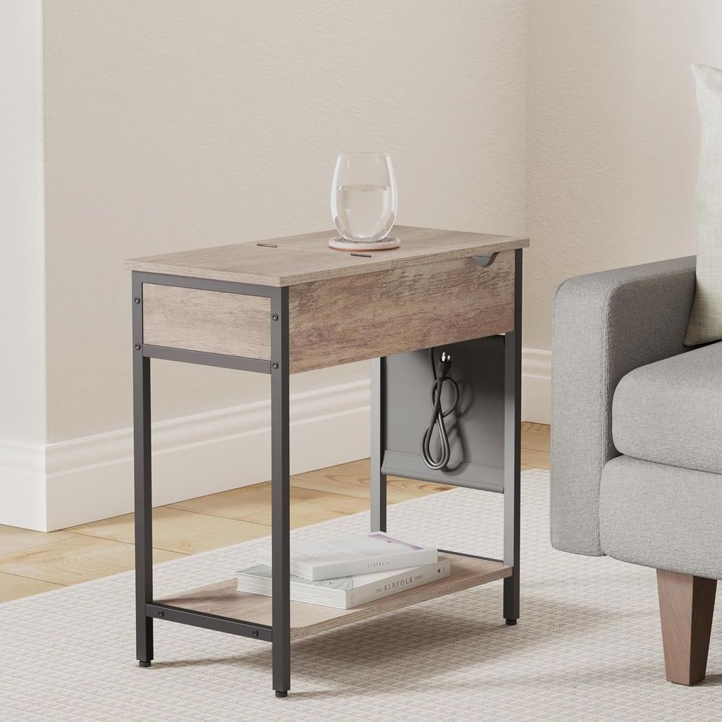 Side Table with USB Ports and Power Outlets, Flip Top End Table with Charging Station and Storage LET310B0 - with Heather Greige and Ink Black | Sold by Uncle Wiener's Wholesale