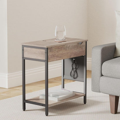 Side Table with USB Ports and Power Outlets, Flip Top End Table with Charging Station and Storage LET310B0 - with Heather Greige and Ink Black | Sold by Uncle Wiener's Wholesale