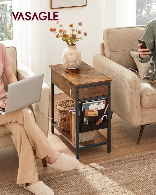 Side Table with USB Ports and Power Outlets, Flip Top End Table with Charging Station and Storage LET310B0 - with Heather Greige and Ink Black | Sold by Uncle Wiener's Wholesale