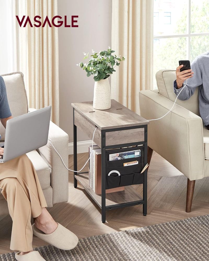 Side Table with USB Ports and Power Outlets, Flip Top End Table with Charging Station and Storage LET310B0 - with Heather Greige and Ink Black | Sold by Uncle Wiener's Wholesale