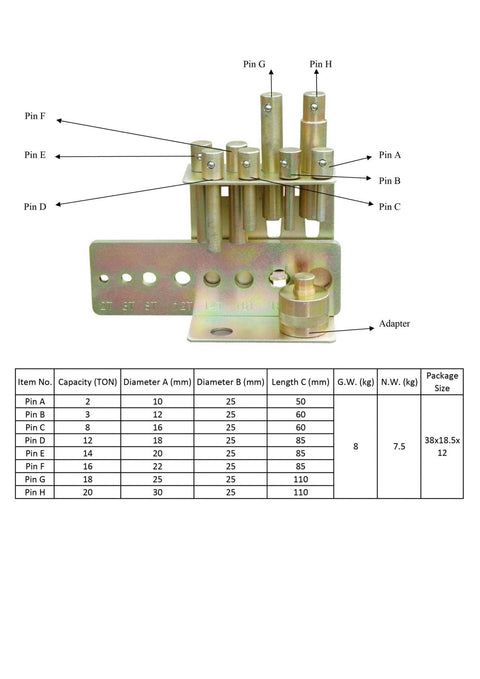 Technical diagram showing specifications of hydraulic fittings for shop press