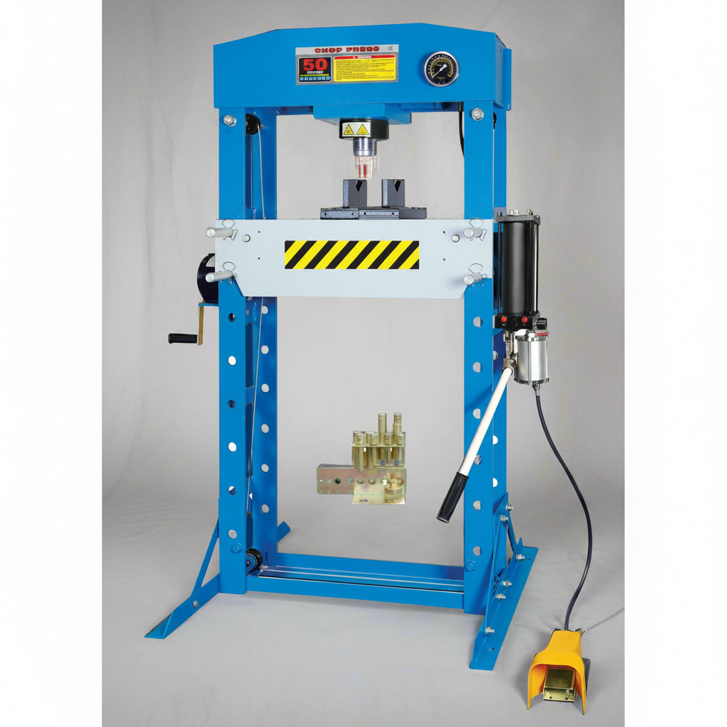 200-ton SIEBEL shop press showing control pedal and frame structure