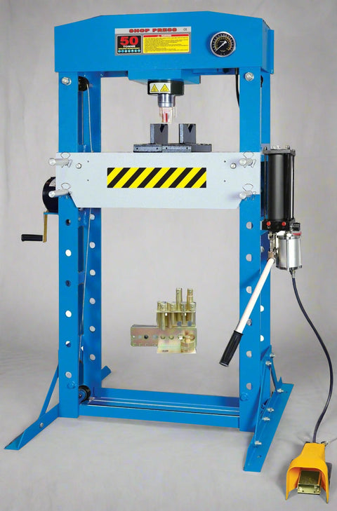 200-ton SIEBEL shop press showing control pedal and frame structure