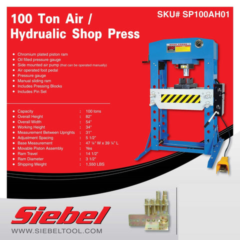 SIEBEL air and hydraulic shop press specification and feature sheet