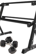 Signature Fitness Rubber Encased Hex Dumbbell, 25LB Pair with 2 - Tier Rack - with | Sold by Uncle Wiener's Wholesale