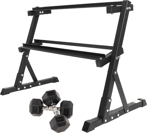 Signature Fitness Rubber Encased Hex Dumbbell, 25LB Pair with 2 - Tier Rack - with | Sold by Uncle Wiener's Wholesale