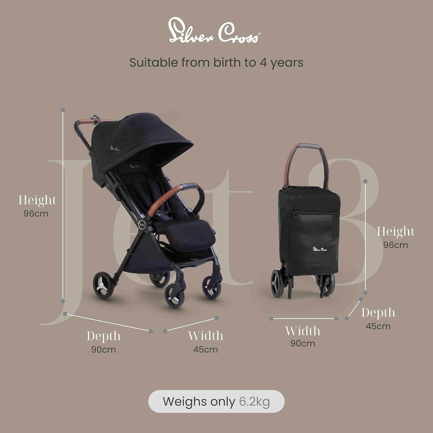 Silver Cross | Jet 3 Compact Pushchair | Travel Stroller | Foldable & Lightweight Stroller/Travel System | Cabin Size | Car Seat Compatible | Newborns - 3 - 4yrs | Black - with | Sold by Uncle Wiener's Wholesale