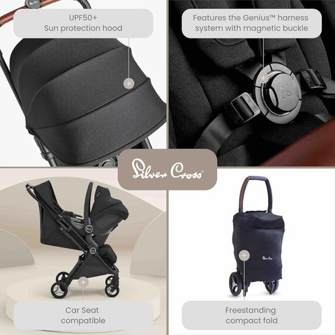 Silver Cross | Jet 3 Compact Pushchair | Travel Stroller | Foldable & Lightweight Stroller/Travel System | Cabin Size | Car Seat Compatible | Newborns - 3 - 4yrs | Black - with | Sold by Uncle Wiener's Wholesale