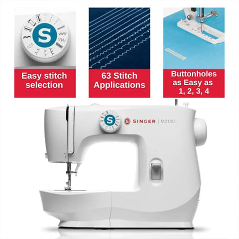 SINGER M2100 Lightweight & Compact Sewing Machine With 63 Stitch Applications, LED Light & Easy 4 - step Buttonhole | Ideal for Mending and Sewing - with | Sold by Uncle Wiener's Wholesale