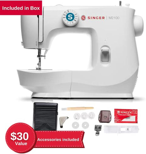 SINGER M2100 Lightweight & Compact Sewing Machine With 63 Stitch Applications, LED Light & Easy 4 - step Buttonhole | Ideal for Mending and Sewing - with | Sold by Uncle Wiener's Wholesale