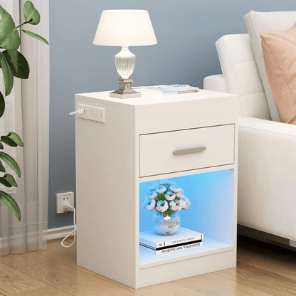 Smart Night Stand Bedside Table with Charging Station LED Lights and Lock White / Black BT034W - with White | Sold by Uncle Wiener's Wholesale
