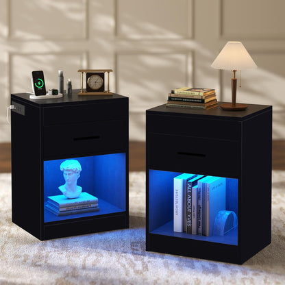 Smart Night Stand Bedside Table with Charging Station LED Lights and Lock White / Black BT034W - with Black | Sold by Uncle Wiener's Wholesale