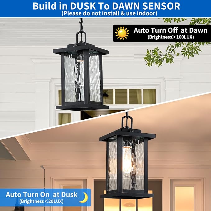 SNRU Modern Dusk to Dawn Outdoor Hanging Pendant Light – 12" Waterproof Black Exterior Lantern with Water-Rippled Tempered Glass - Home decor with | Sold by Uncle Wiener's Wholesale