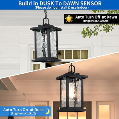 SNRU Modern Dusk to Dawn Outdoor Hanging Pendant Light – 12" Waterproof Black Exterior Lantern with Water-Rippled Tempered Glass - Home decor with | Sold by Uncle Wiener's Wholesale