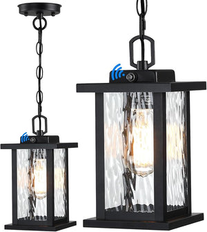 SNRU Modern Dusk to Dawn Outdoor Hanging Pendant Light – 12" Waterproof Black Exterior Lantern with Water-Rippled Tempered Glass