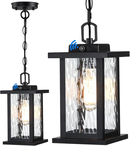 SNRU Modern Dusk to Dawn Outdoor Hanging Pendant Light – 12" Waterproof Black Exterior Lantern with Water-Rippled Tempered Glass - Home decor with | Sold by Uncle Wiener's Wholesale