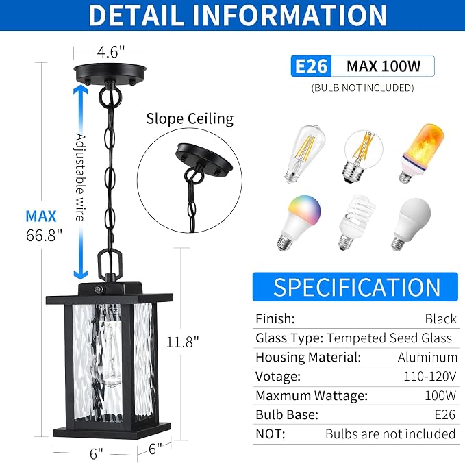 SNRU Modern Dusk to Dawn Outdoor Hanging Pendant Light – 12" Waterproof Black Exterior Lantern with Water-Rippled Tempered Glass - Home decor with | Sold by Uncle Wiener's Wholesale