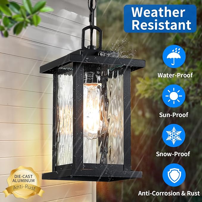SNRU Modern Dusk to Dawn Outdoor Hanging Pendant Light – 12" Waterproof Black Exterior Lantern with Water-Rippled Tempered Glass - Home decor with | Sold by Uncle Wiener's Wholesale