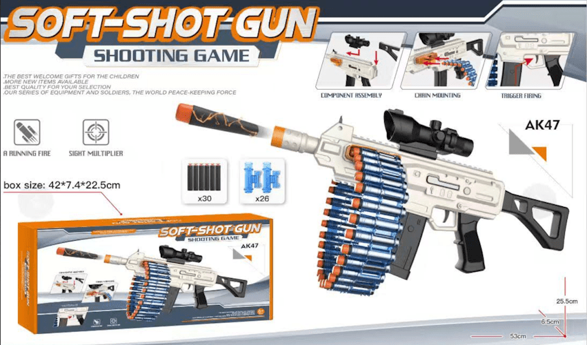 Soft Shot AK-Style Foam Dart Blaster Toy with Scope, Belt-Feed Chain, 30 Darts &amp; 26 Shells DQ9991 - with | Sold by Uncle Wiener's Wholesale