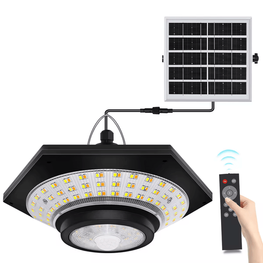 Solar Highbay LED Light with Remote – Dual Light Modes, Motion Sensor, IP65 Waterproof 527342 - with | Sold by Uncle Wiener's Wholesale
