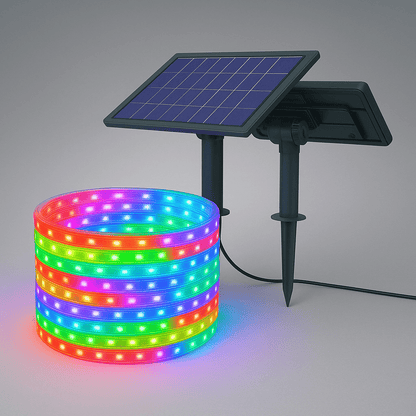 Solar LED Strip Lights | RGB + Warm White, Outdoor Waterproof – 32.8 & 65.6 FT - Outdoor LED Strip Lighting with RGB | Sold by Uncle Wiener's Wholesale
