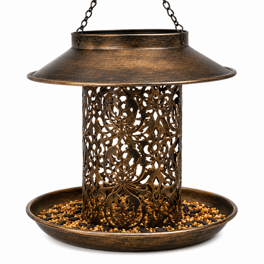 Solar Metal Hanging Bird Feeder with Light – Vintage Bronze Outdoor Decor ONBD131 - with | Sold by Uncle Wiener's Wholesale