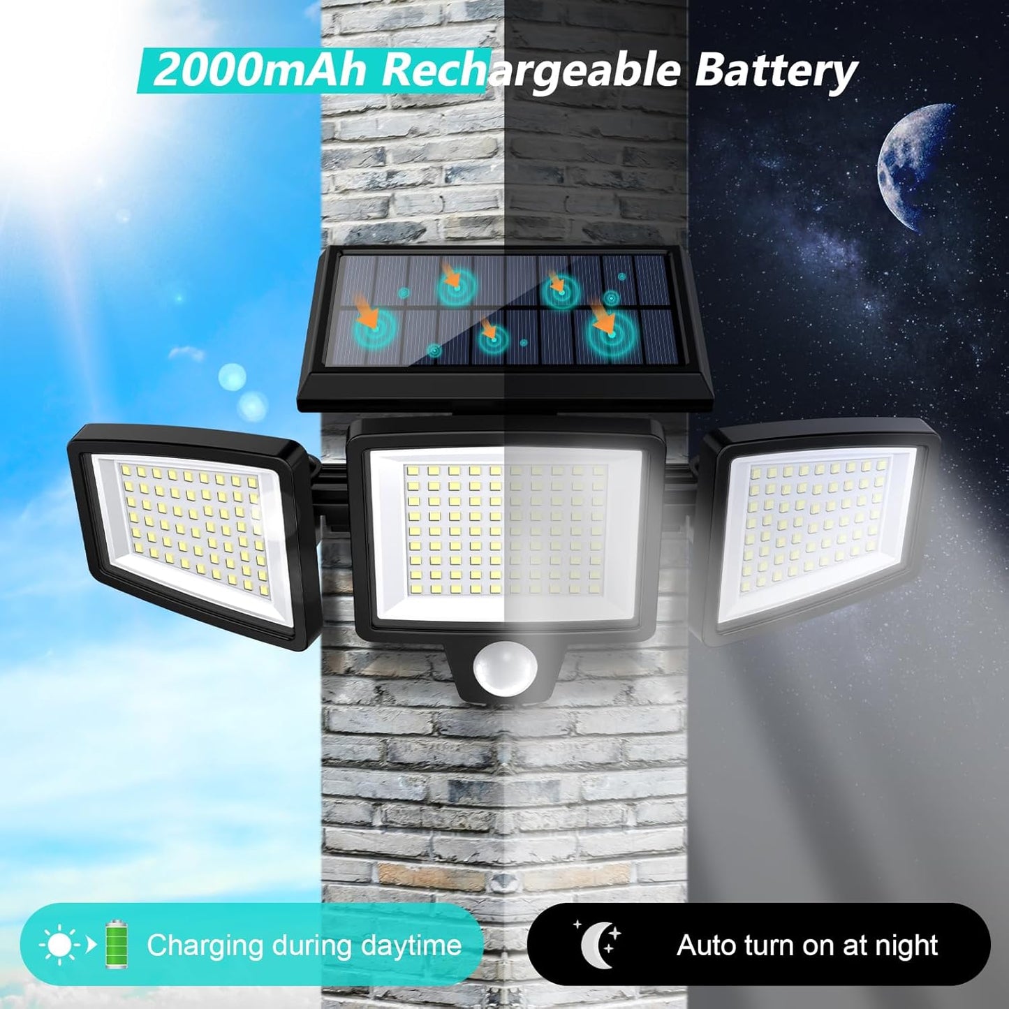 Solar Motion Sensor Outdoor Lights – 2 Pack – 2500LM Bright LED Security Flood Light – Adjustable 3 - Head Solar Powered IP65 – 1284812 - with | Sold by Uncle Wiener's Wholesale