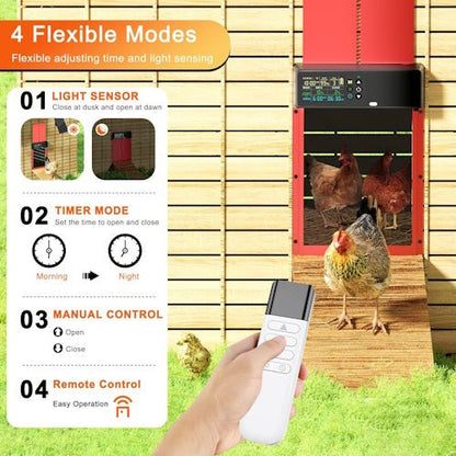 Solar Powered Automatic Chicken Coop Door with Remote Control, LCD Display, Timer, Light Sensor & Anti-Pinch Aluminum Door COOPX7 - with | Sold by Uncle Wiener's Wholesale