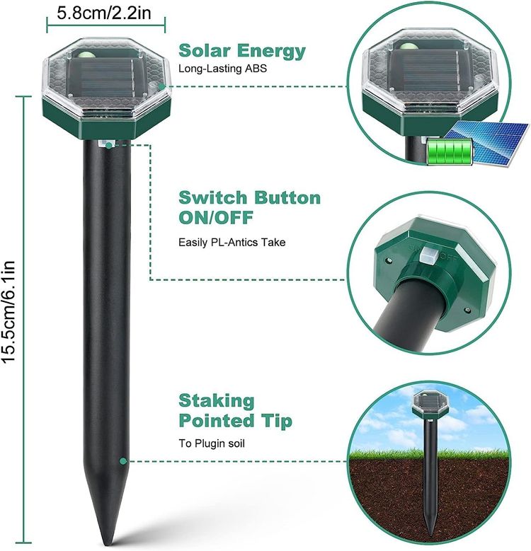 Solar Ultrasonic Mole Repellent Stake Outdoor Pest Deterrent Waterproof Garden MFRN102C - with | Sold by Uncle Wiener's Wholesale