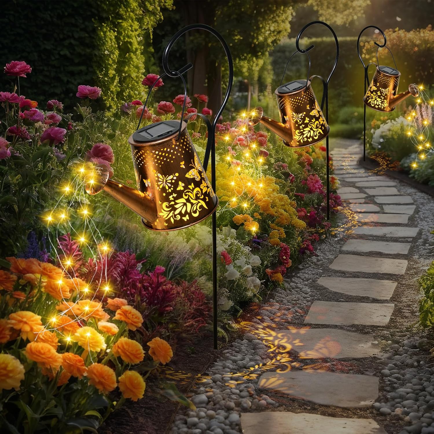 Solar Watering Can with LED Lights, Retro Metal Hanging Solar Lantern, Waterproof Garden Outdoor Decor 5341S - with | Sold by Uncle Wiener's Wholesale