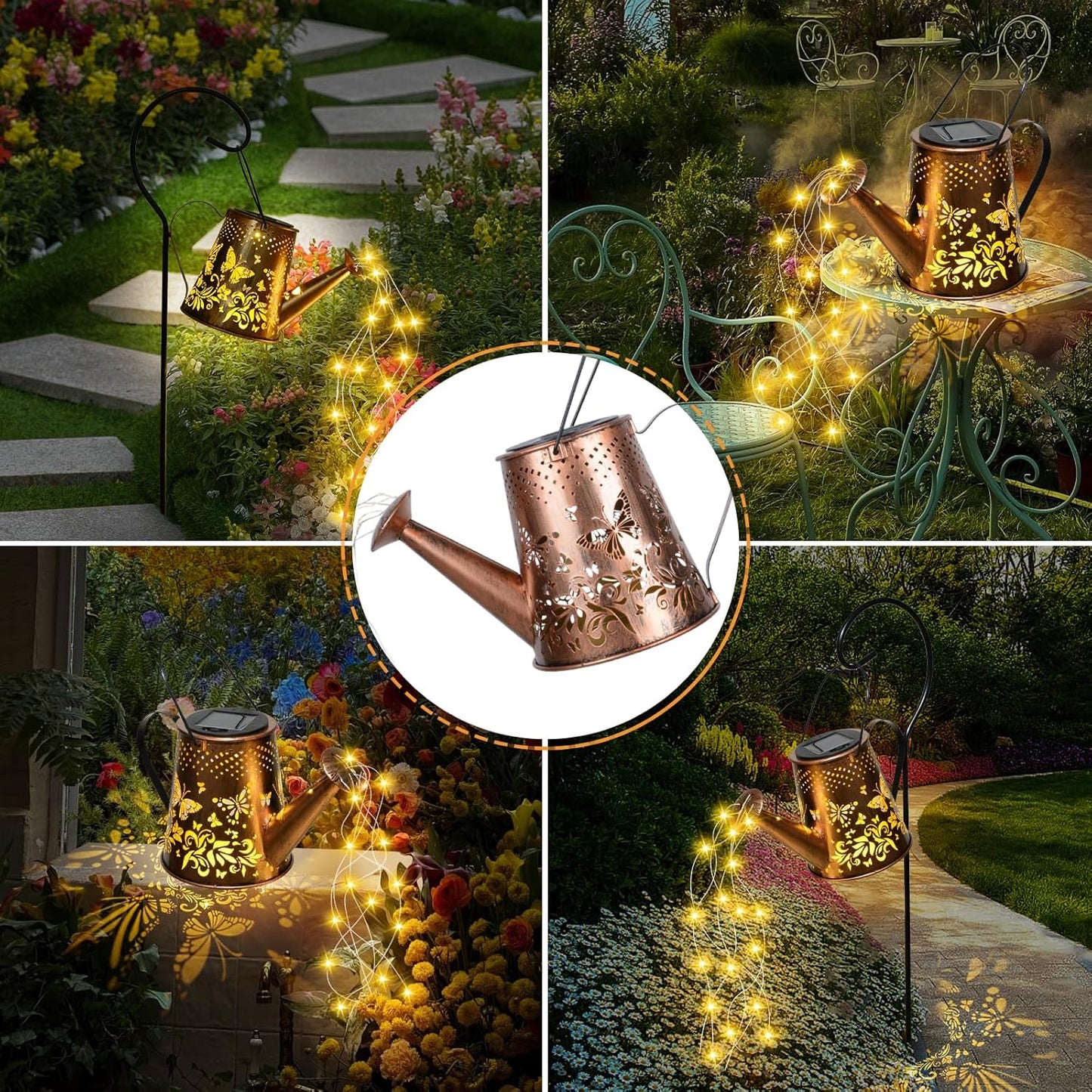 Solar Watering Can with LED Lights, Retro Metal Hanging Solar Lantern, Waterproof Garden Outdoor Decor 5341S - with | Sold by Uncle Wiener's Wholesale