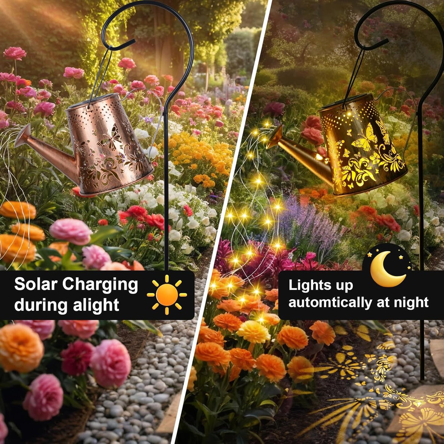 Solar Watering Can with LED Lights, Retro Metal Hanging Solar Lantern, Waterproof Garden Outdoor Decor 5341S - with | Sold by Uncle Wiener's Wholesale
