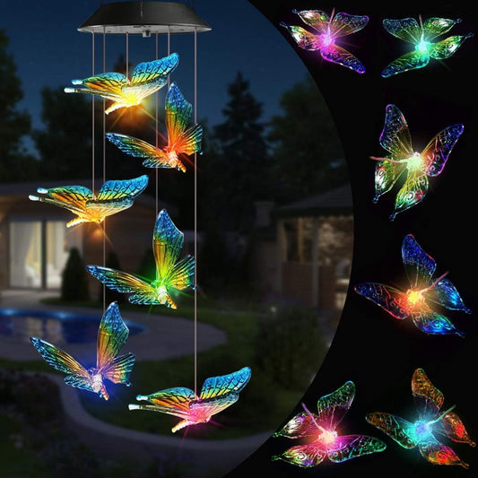 Solar Wind Chimes – Color - Changing Butterfly & Maple Leaf LEDs, Waterproof Outdoor Decorative Garden & Patio Lights - with Chime with Butterfly LEDs | Sold by Uncle Wiener's Wholesale