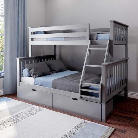 Solid Wood Twin Over Full Bunk Bed with Storage Drawers | Space - Saving Pine Kids Bed - with GRAY | Sold by Uncle Wiener's Wholesale