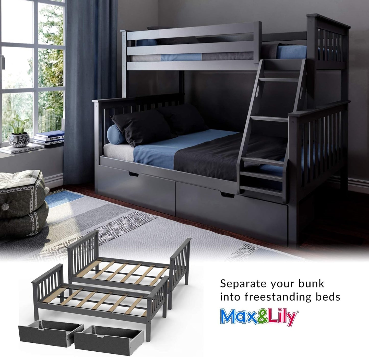 Solid Wood Twin Over Full Bunk Bed with Storage Drawers | Space - Saving Pine Kids Bed - with WHITE | Sold by Uncle Wiener's Wholesale