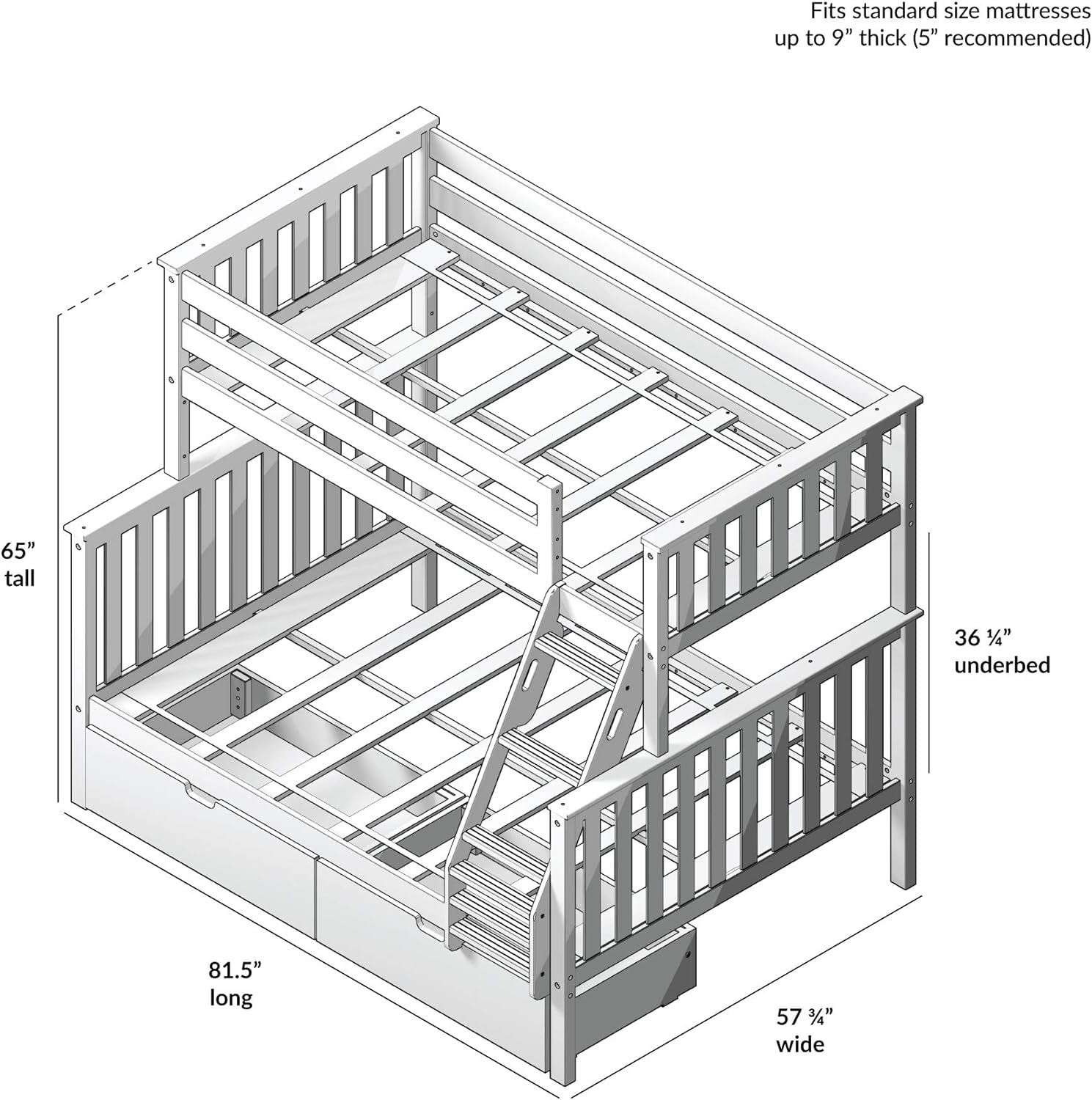 Solid Wood Twin Over Full Bunk Bed with Storage Drawers | Space - Saving Pine Kids Bed - with WHITE | Sold by Uncle Wiener's Wholesale