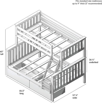 Solid Wood Twin Over Full Bunk Bed with Storage Drawers | Space - Saving Pine Kids Bed - with WHITE | Sold by Uncle Wiener's Wholesale